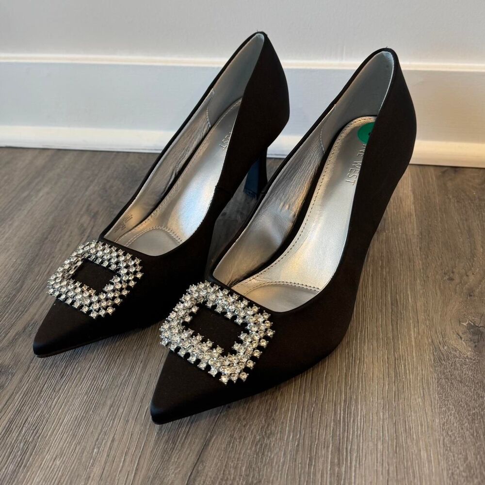 Nine West Black Satin Rhinestone Buckle Pumps Women's Size 8 Pointed Toe Heels